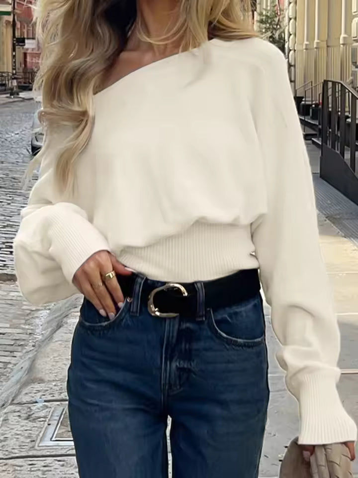 Off the shoulder sweater with wide slit neck long sleeve knitted pullover for everyday fall winter fashion