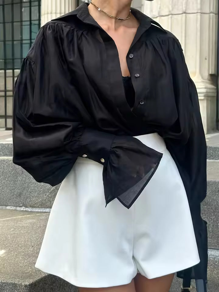Autumn fashion wide-neck shirt for women, office, solid color, versatile flared sleeve, long sleeve