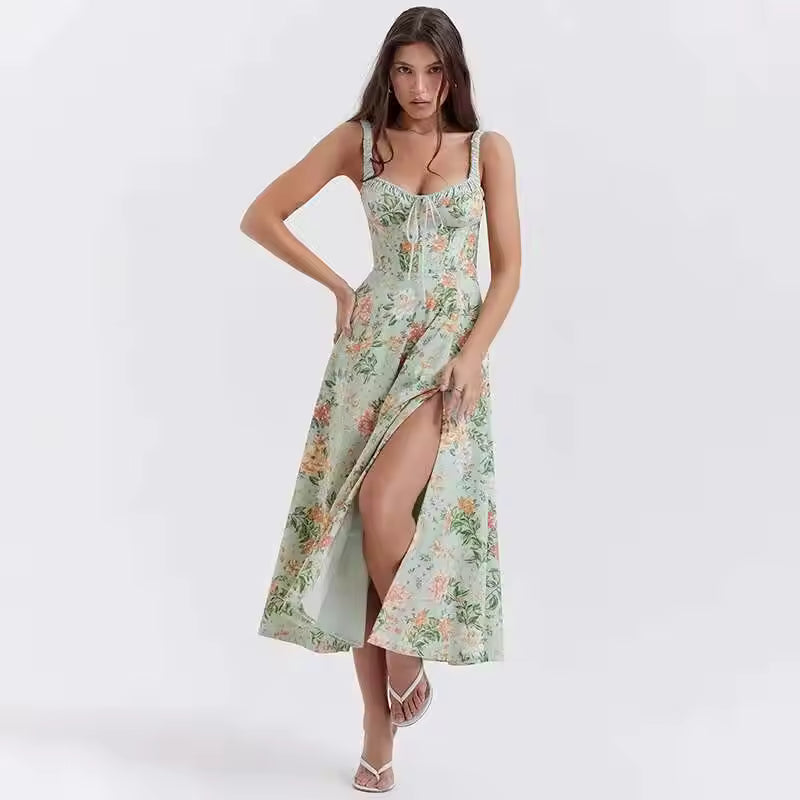 Townlike Print Slim Bodycon A-line Dress Women Spaghetti Strap 2023 Summer Dress Midi Long Split Nightclub Sexy Party Dresses