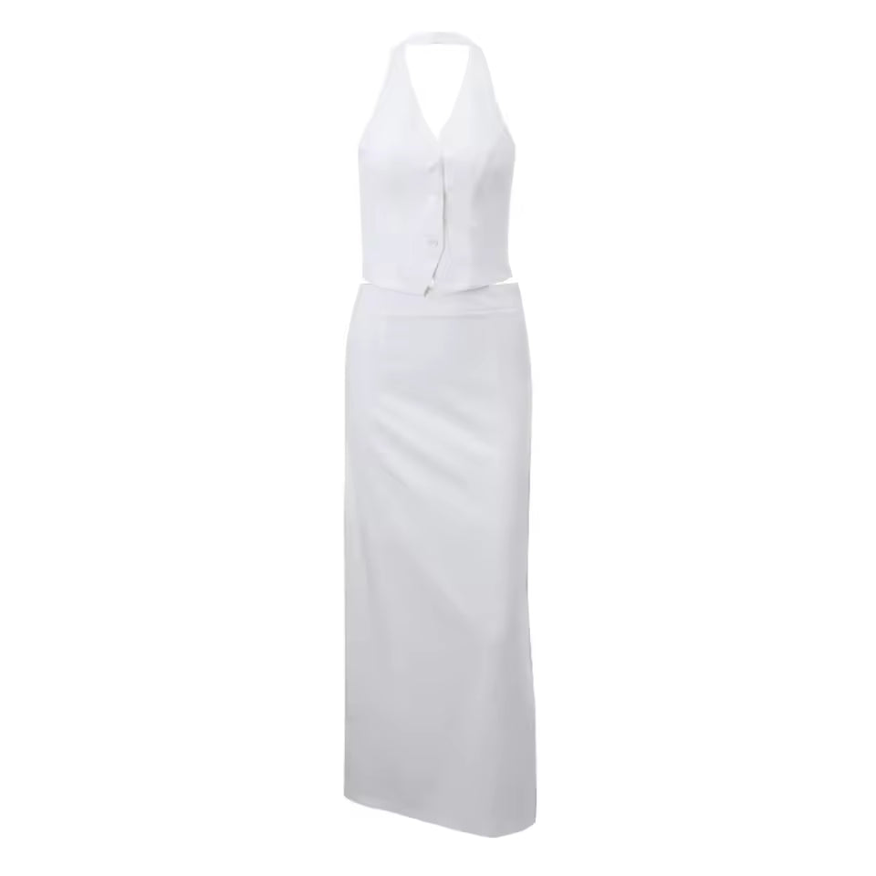 FZCSPEED Women's Single-breasted Vest Hip Tight Skirt Two-piece Set V-neck Halterneck Top Slim Skirt Commuter Elegant Skirt