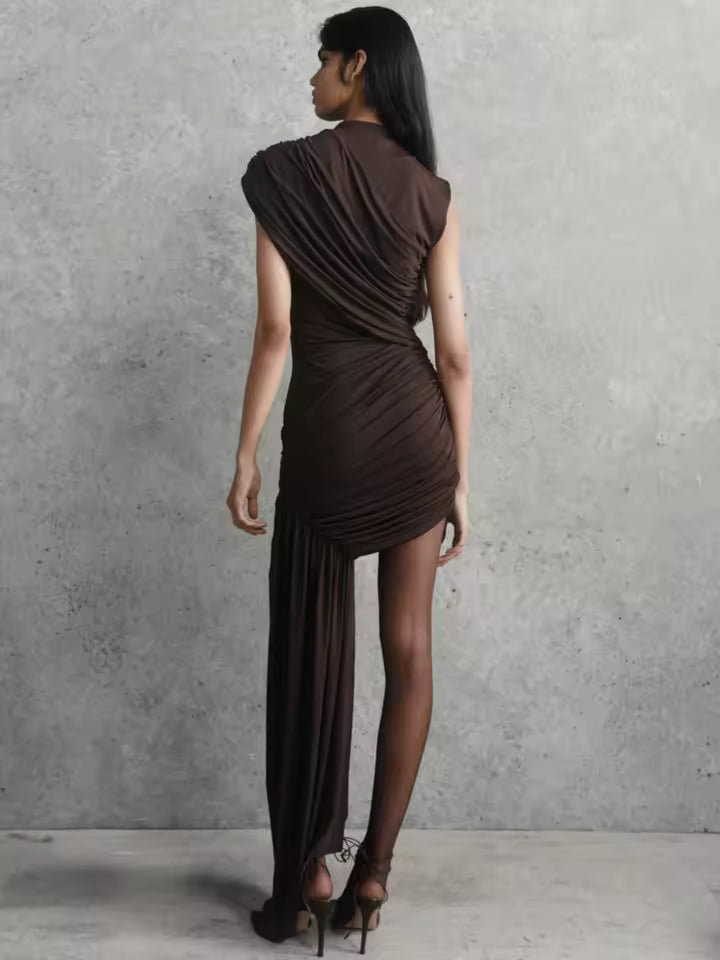 Mozision Irregular Draped Ruched Sexy Mini Dress For Women Elegant Turtleneck Sleeveless High Waist Pleated Club Party Dress