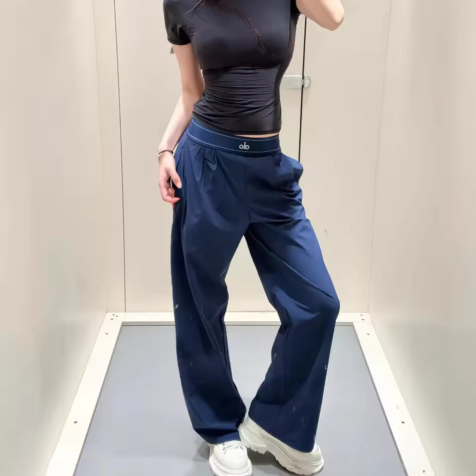 Quick Dry Sporty Wide Leg Pants Reflective Leg Labels Casual Loose Straight Cut Long Trousers Spring Summer Lightweight New Wome