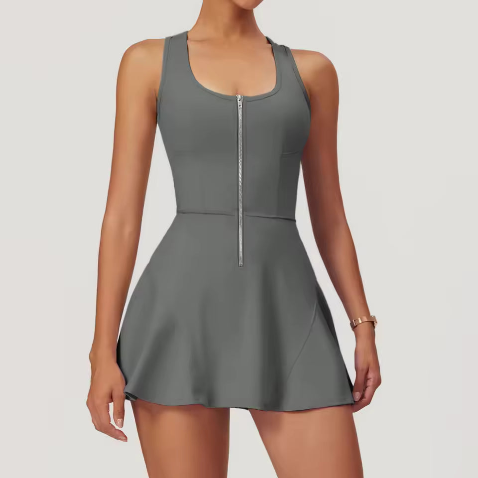 Zipper Sleeveless Women Yoga Set Gym Bodysuit Skirt Sexy Jumpsuits Skirt Clothes Push-up Workout Dance Tennis Fitness Tracksuit