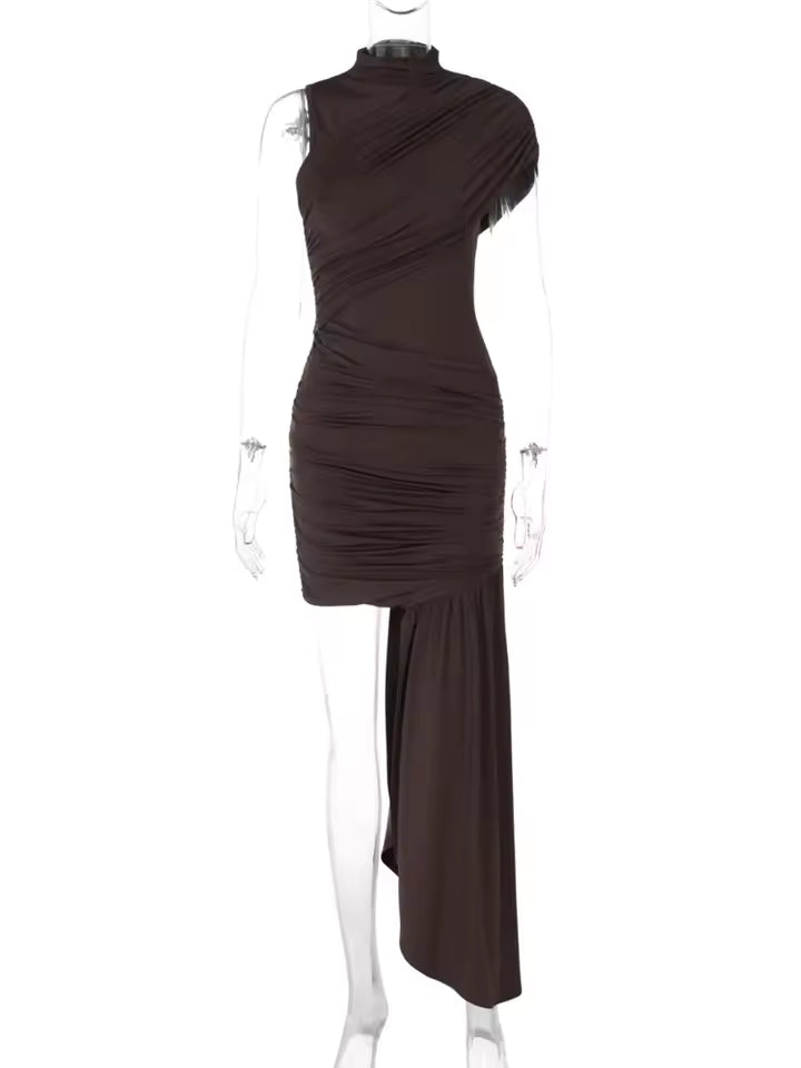 Mozision Irregular Draped Ruched Sexy Mini Dress For Women Elegant Turtleneck Sleeveless High Waist Pleated Club Party Dress