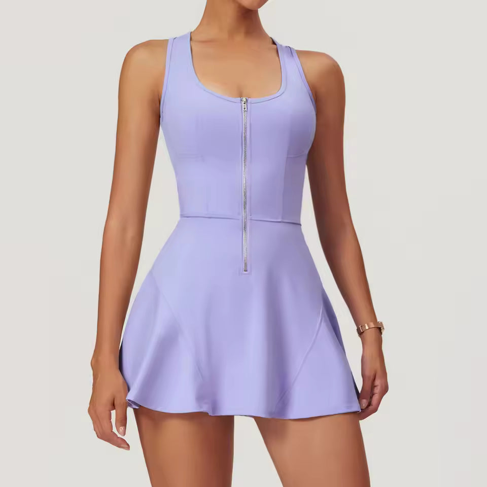 Zipper Sleeveless Women Yoga Set Gym Bodysuit Skirt Sexy Jumpsuits Skirt Clothes Push-up Workout Dance Tennis Fitness Tracksuit