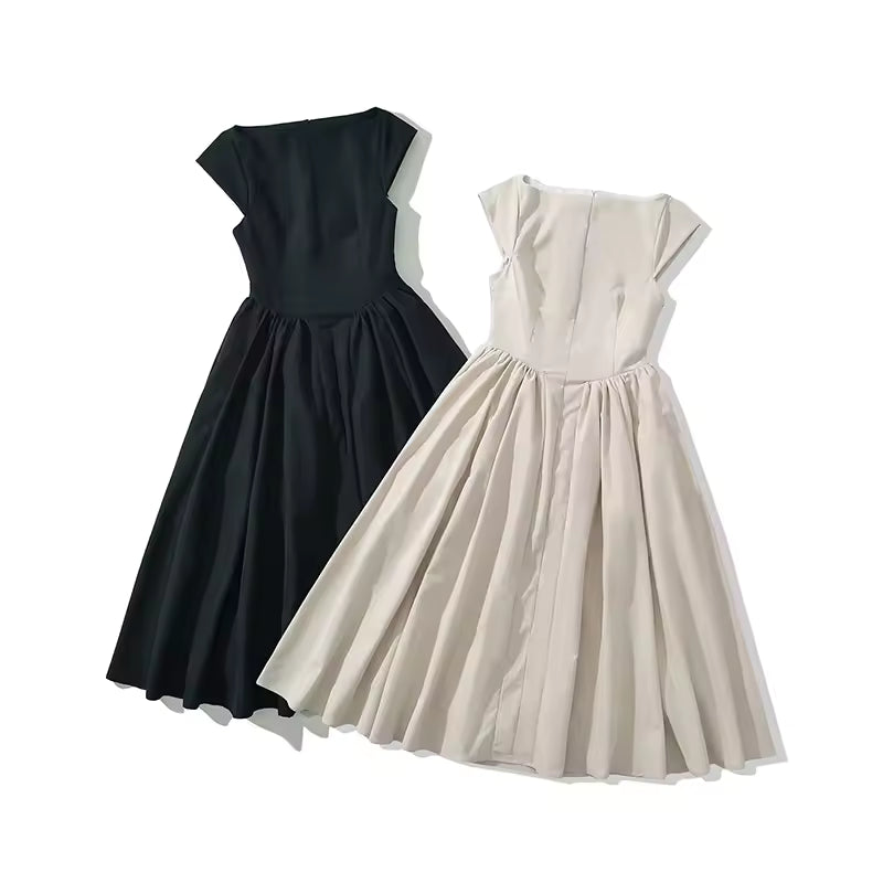 YENKYE High Street Women Sexy Backless Pleated Swing A-line Midi Dresses Short Sleeve Low Waist Elegant Party Dress Black Robe