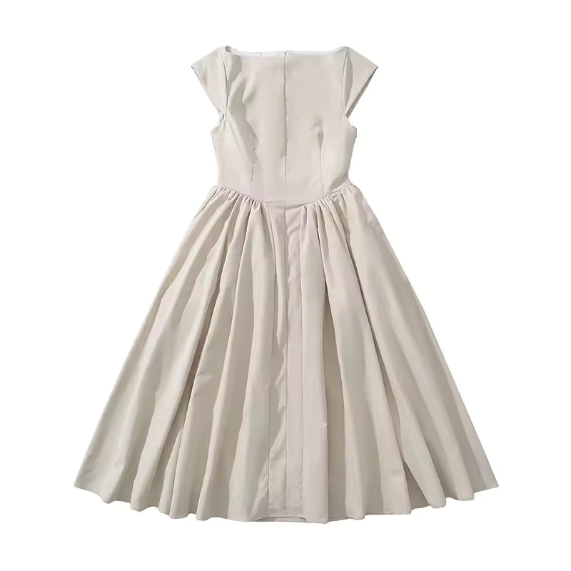 YENKYE High Street Women Sexy Backless Pleated Swing A-line Midi Dresses Short Sleeve Low Waist Elegant Party Dress Black Robe