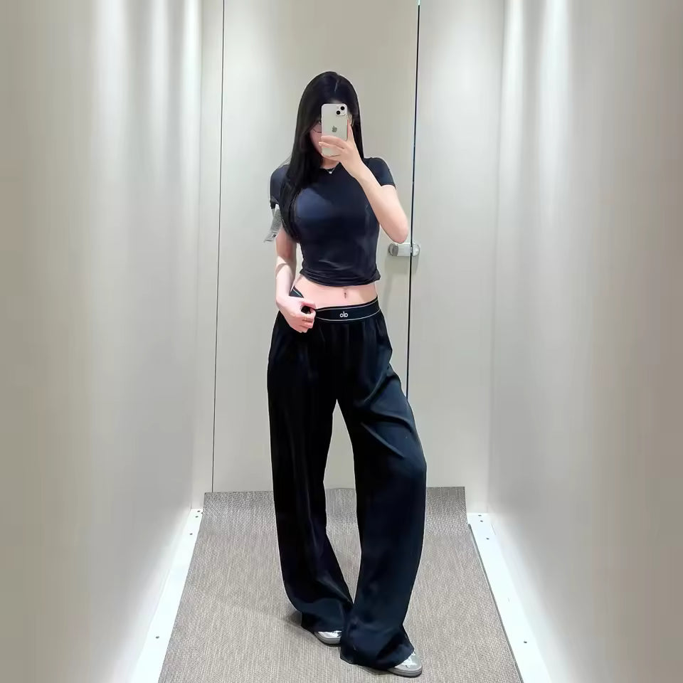 Quick Dry Sporty Wide Leg Pants Reflective Leg Labels Casual Loose Straight Cut Long Trousers Spring Summer Lightweight New Wome