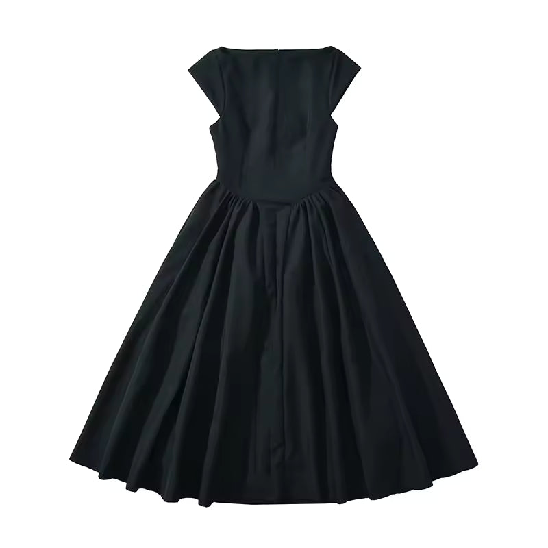 YENKYE High Street Women Sexy Backless Pleated Swing A-line Midi Dresses Short Sleeve Low Waist Elegant Party Dress Black Robe
