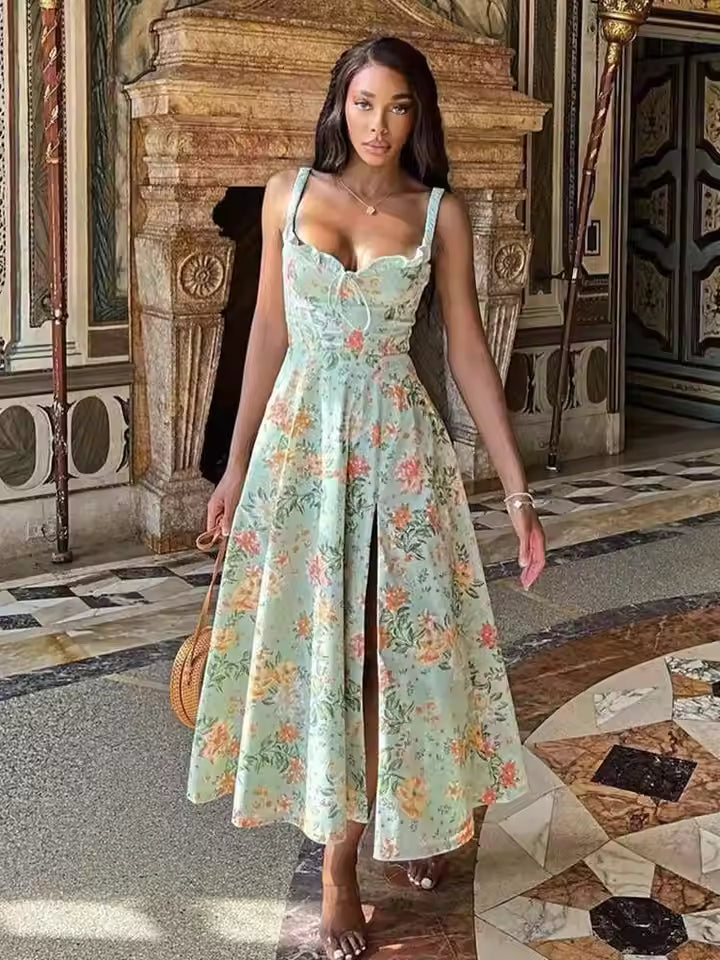 Townlike Print Slim Bodycon A-line Dress Women Spaghetti Strap 2023 Summer Dress Midi Long Split Nightclub Sexy Party Dresses