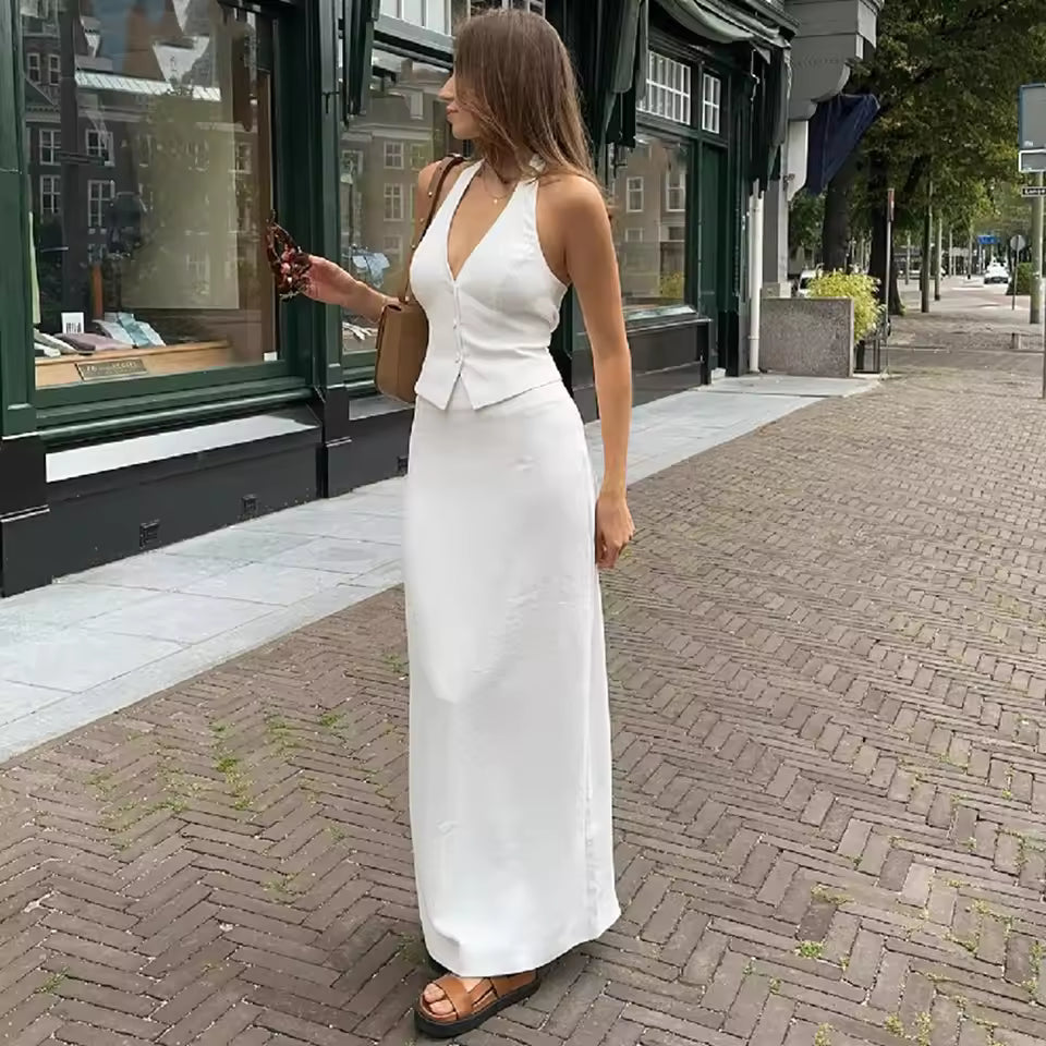 FZCSPEED Women's Single-breasted Vest Hip Tight Skirt Two-piece Set V-neck Halterneck Top Slim Skirt Commuter Elegant Skirt