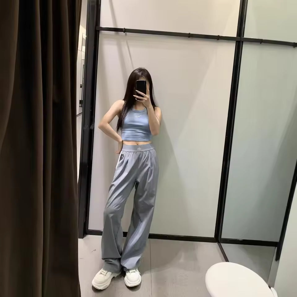 Quick Dry Sporty Wide Leg Pants Reflective Leg Labels Casual Loose Straight Cut Long Trousers Spring Summer Lightweight New Wome