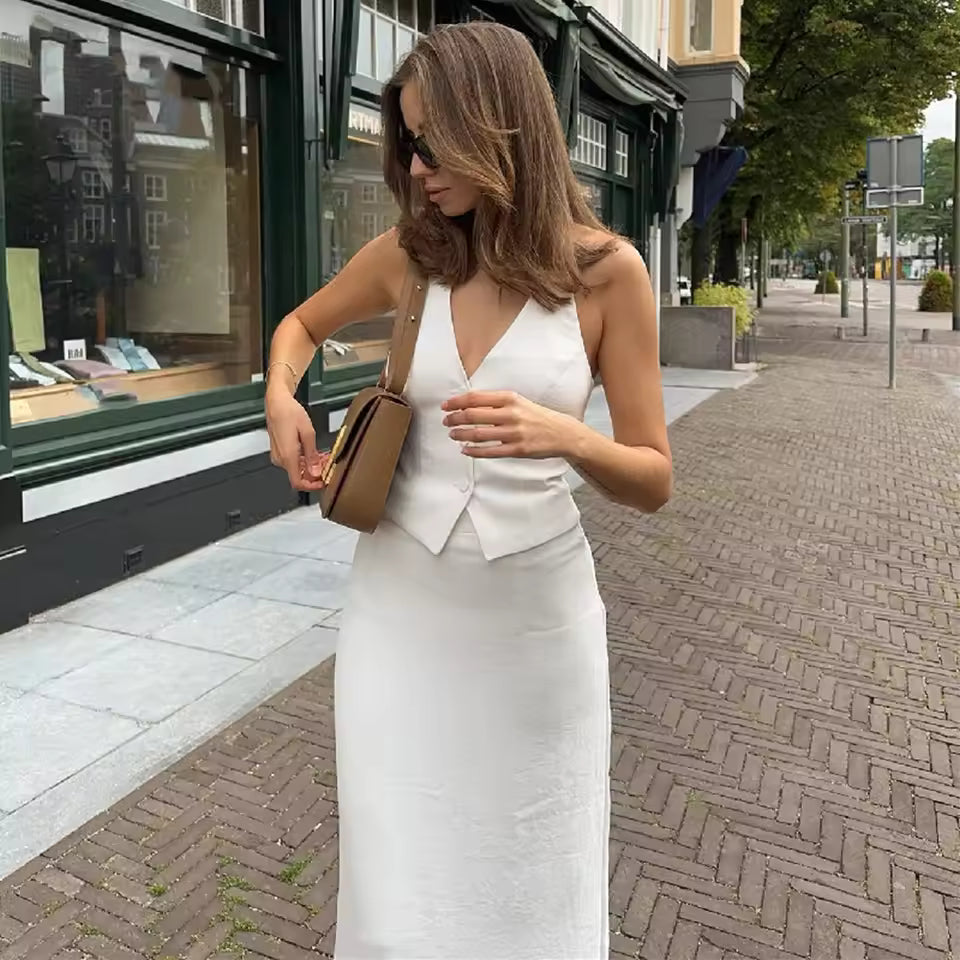 FZCSPEED Women's Single-breasted Vest Hip Tight Skirt Two-piece Set V-neck Halterneck Top Slim Skirt Commuter Elegant Skirt