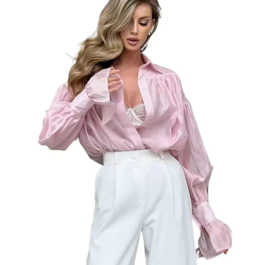 Autumn fashion wide-neck shirt for women, office, solid color, versatile flared sleeve, long sleeve