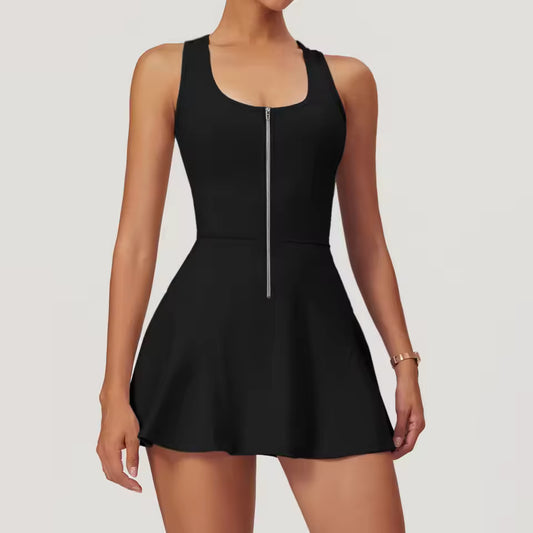Zipper Sleeveless Women Yoga Set Gym Bodysuit Skirt Sexy Jumpsuits Skirt Clothes Push-up Workout Dance Tennis Fitness Tracksuit