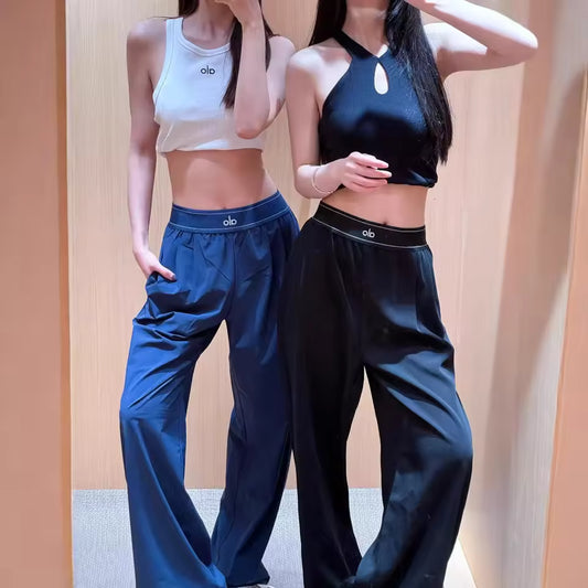 Quick Dry Sporty Wide Leg Pants Reflective Leg Labels Casual Loose Straight Cut Long Trousers Spring Summer Lightweight New Wome