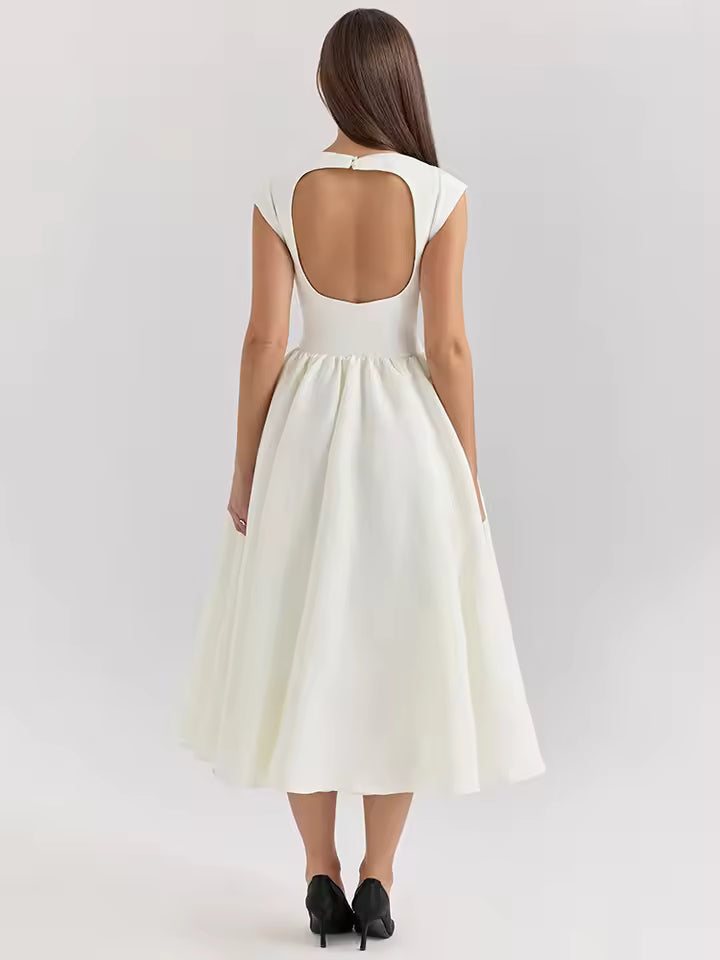 Mozision White Backless A-line Sexy Maxi Dress For Women Gown Solid Hollow Out Sleeveless High Waist Club Pleated Dress Elegant