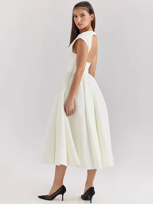 Mozision White Backless A-line Sexy Maxi Dress For Women Gown Solid Hollow Out Sleeveless High Waist Club Pleated Dress Elegant