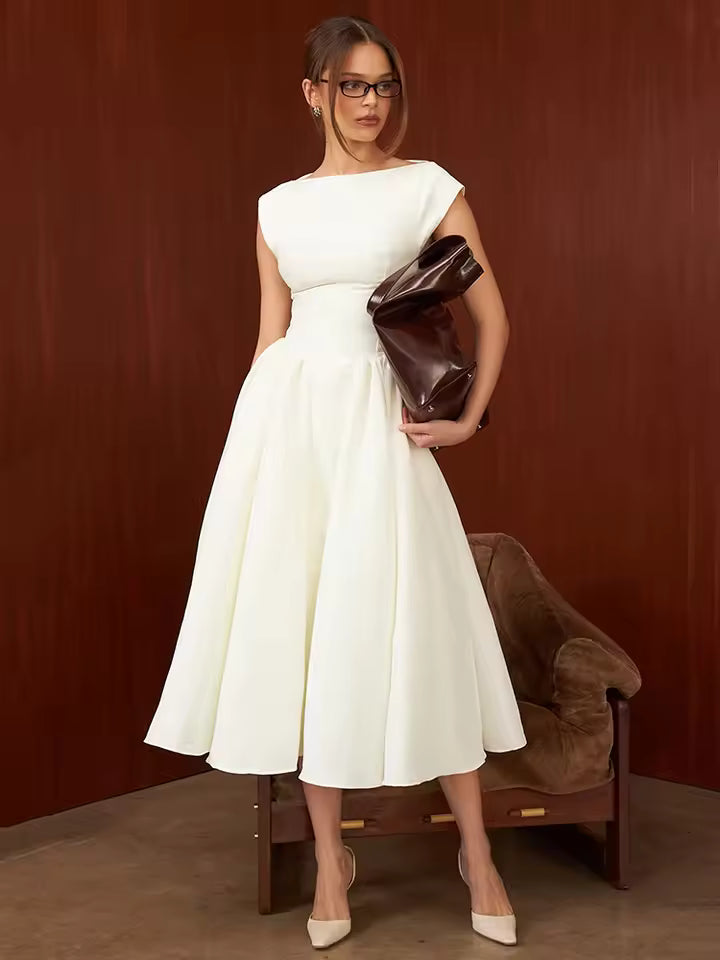 Mozision White Backless A-line Sexy Maxi Dress For Women Gown Solid Hollow Out Sleeveless High Waist Club Pleated Dress Elegant
