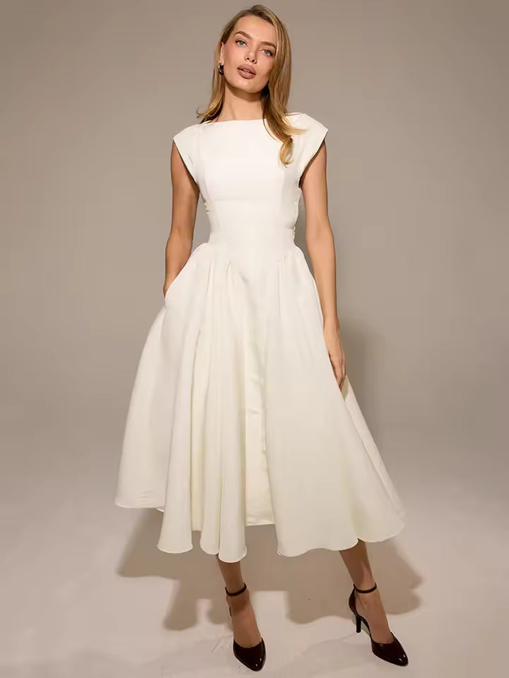 Mozision White Backless A-line Sexy Maxi Dress For Women Gown Solid Hollow Out Sleeveless High Waist Club Pleated Dress Elegant