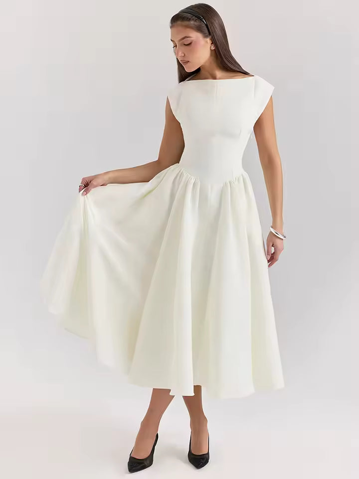 Mozision White Backless A-line Sexy Maxi Dress For Women Gown Solid Hollow Out Sleeveless High Waist Club Pleated Dress Elegant
