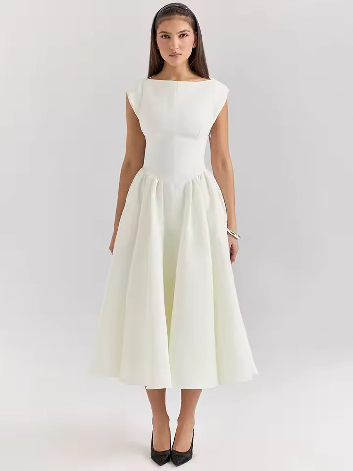 Mozision White Backless A-line Sexy Maxi Dress For Women Gown Solid Hollow Out Sleeveless High Waist Club Pleated Dress Elegant