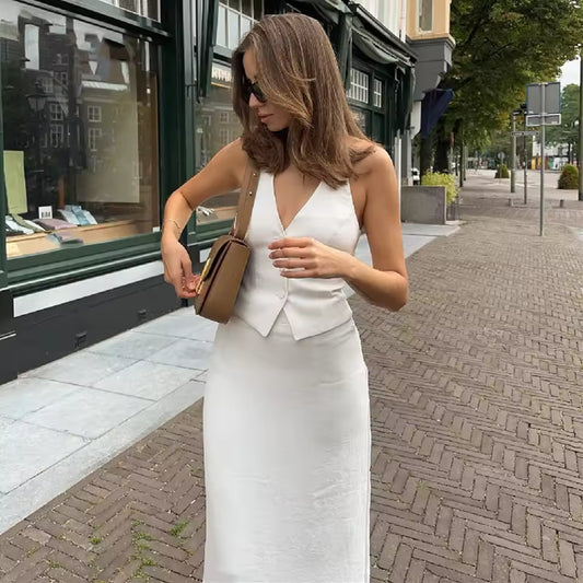 FZCSPEED Women's Single-breasted Vest Hip Tight Skirt Two-piece Set V-neck Halterneck Top Slim Skirt Commuter Elegant Skirt